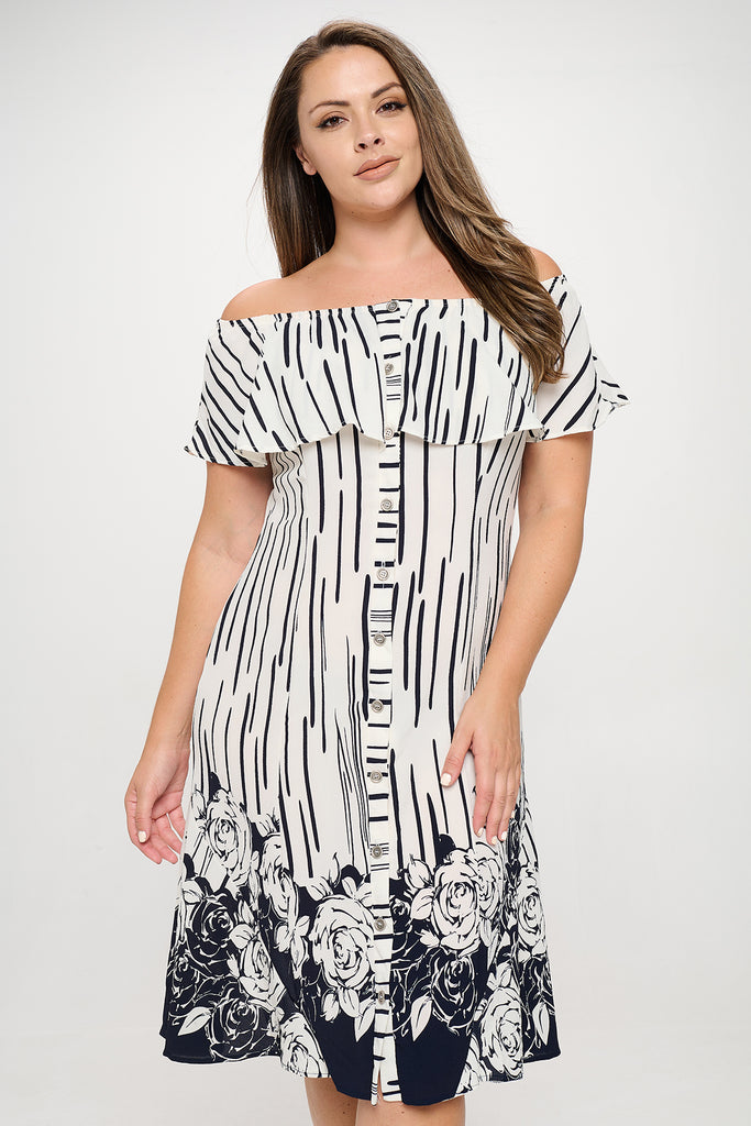 PLUS SIZE OFF SHOULDER FLORAL HEM DRESS