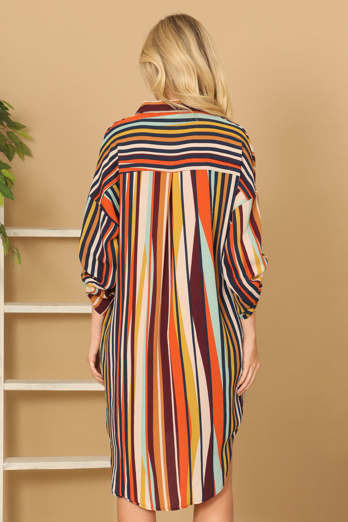 STRIPE HALF SLEEVE CURVE HEM DRESS