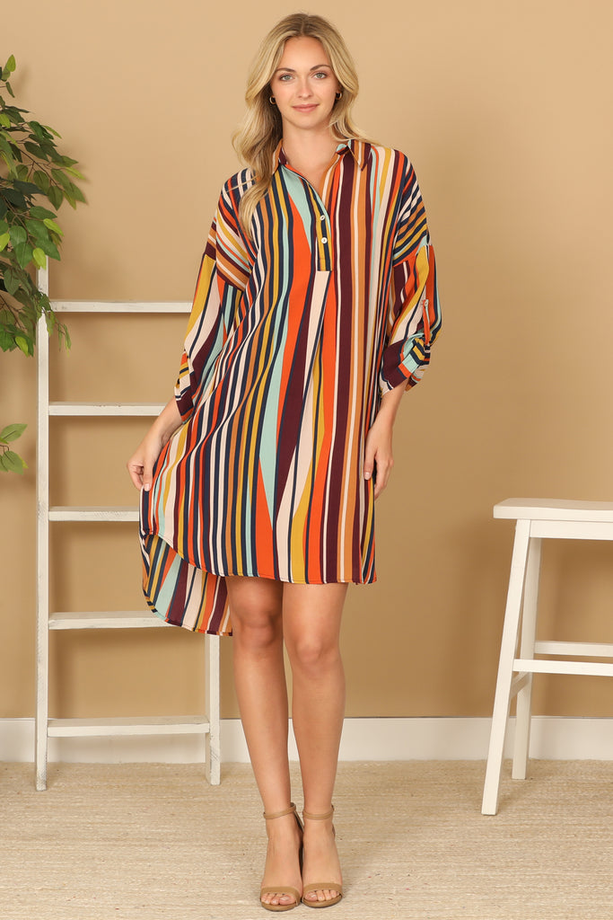STRIPE HALF SLEEVE CURVE HEM DRESS