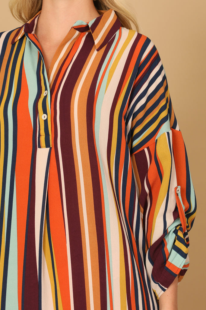 STRIPE HALF SLEEVE CURVE HEM DRESS