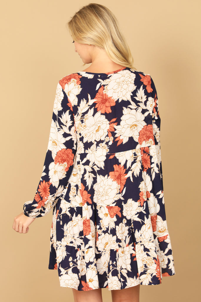 V-NECK LONG SLEEVE FLORAL DRESS