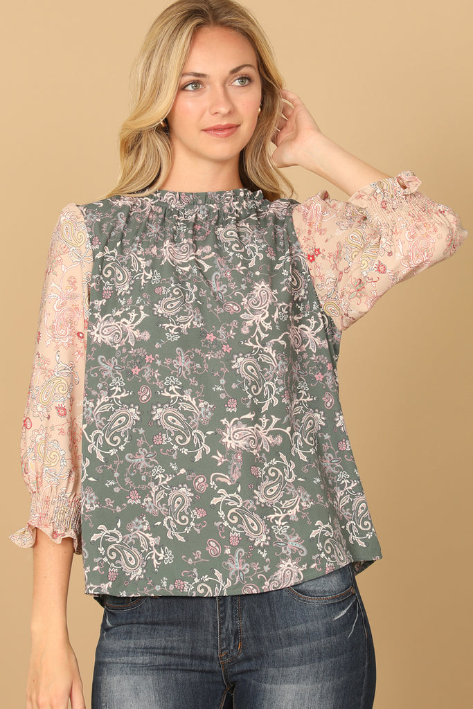PAISLEY SMOCKED HALF SLEEVE CONTRAST TOP