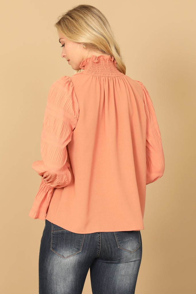 RUFFLE TURTLE NECK LONG BELL SLEEVE SOLID TOP