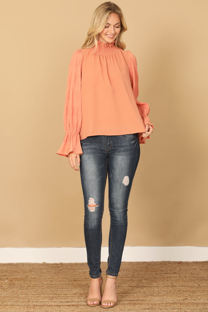 RUFFLE TURTLE NECK LONG BELL SLEEVE SOLID TOP