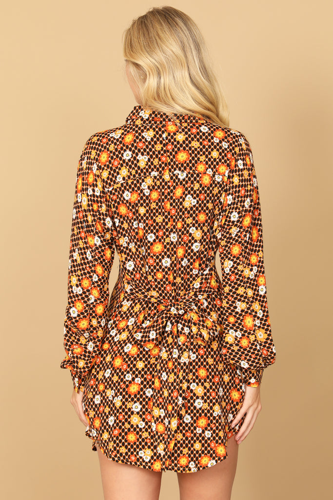 LONG SLEEVE BUTTON DOWN FLORAL MINI DRESS