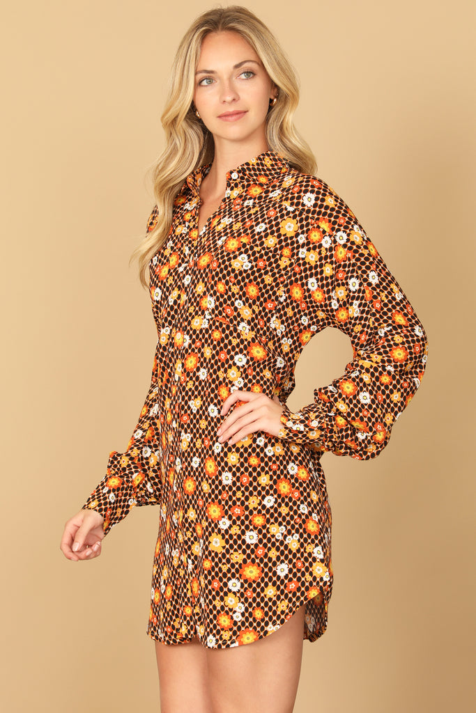 LONG SLEEVE BUTTON DOWN FLORAL MINI DRESS