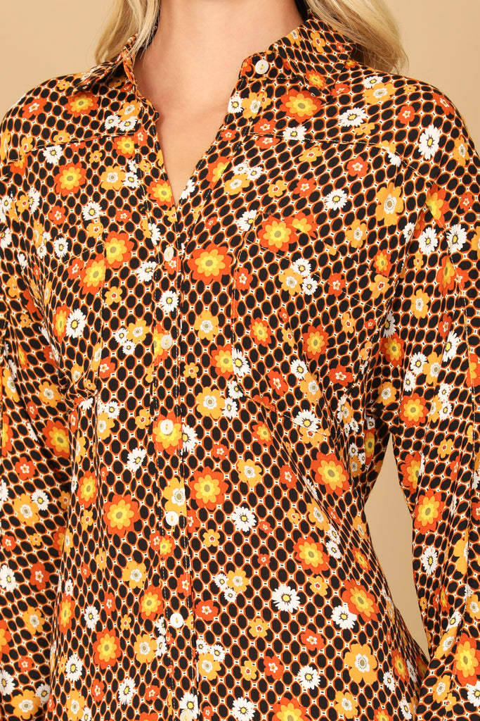 LONG SLEEVE BUTTON DOWN FLORAL MINI DRESS