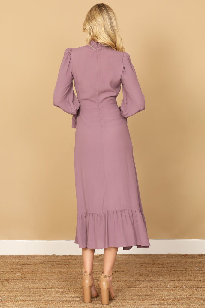 SMOCKED NECK AND LONG SLEEVE SIDE SLIT SOLID DRESS