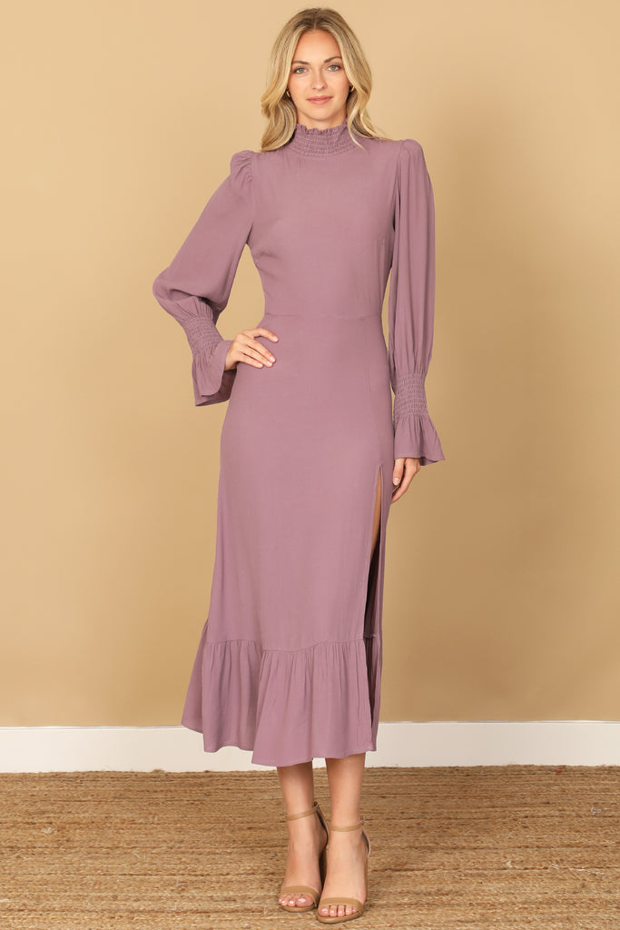 SMOCKED NECK AND LONG SLEEVE SIDE SLIT SOLID DRESS
