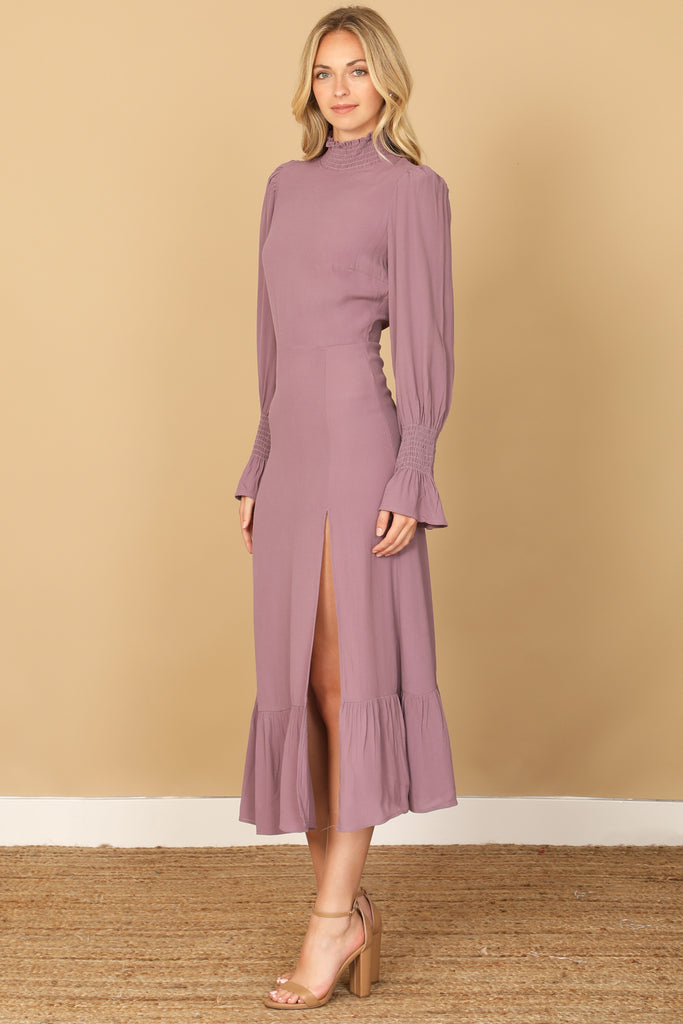 SMOCKED NECK AND LONG SLEEVE SIDE SLIT SOLID DRESS