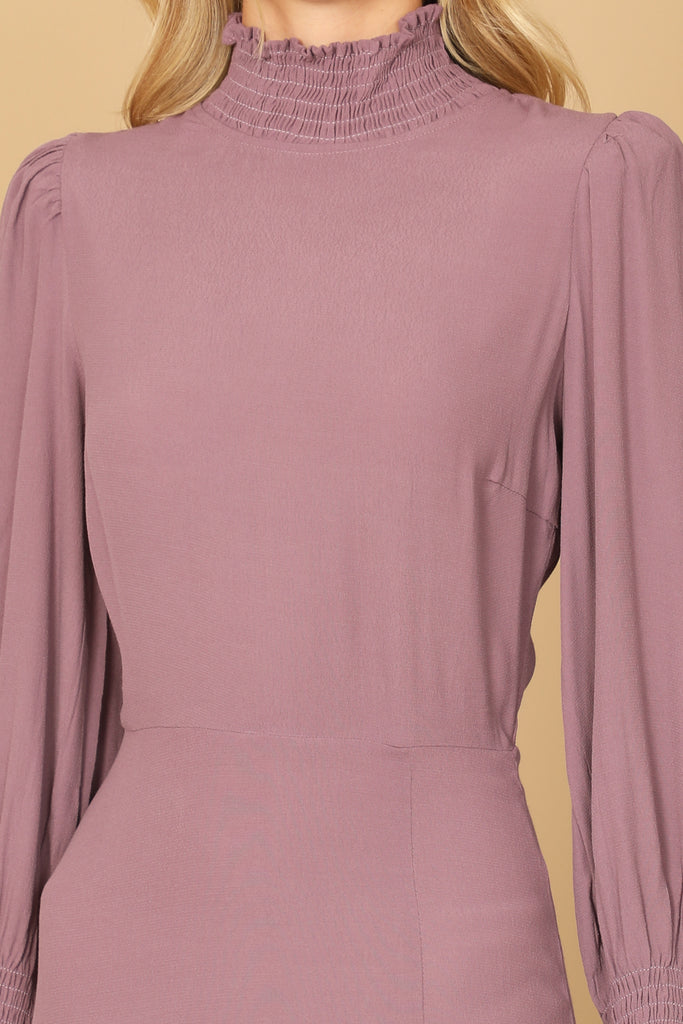 SMOCKED NECK AND LONG SLEEVE SIDE SLIT SOLID DRESS