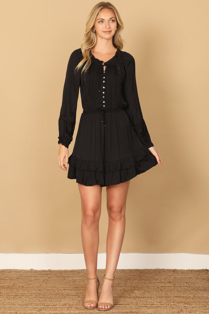 LONG SLEEVE PLEATED FRONT RUFFLE HEM MINI DRESS