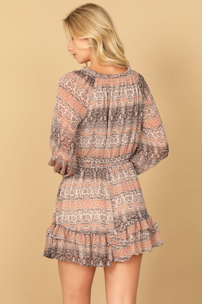 PRINTED PUFF LONG SLEEVE RUFFLE HEM DRESS