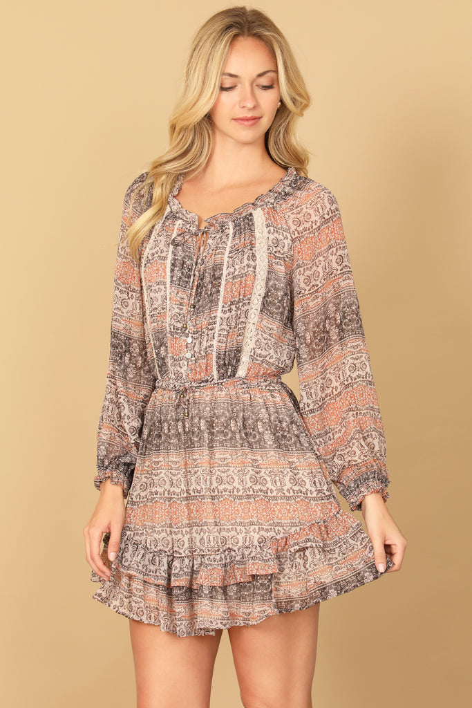 PRINTED PUFF LONG SLEEVE RUFFLE HEM DRESS