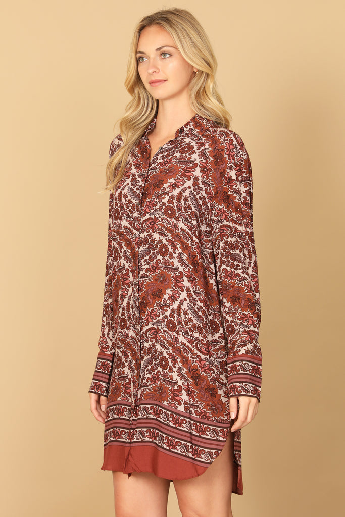 PRINTED LONG SLEEVE CURVE HEM DRESS