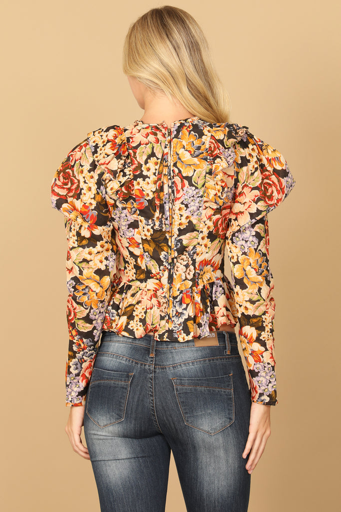 FLORAL LONG SLEEVE RUFFLE WAIST CROP TOP
