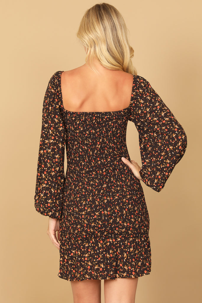 SQUARE NECK LONG PUFF SLEEVE SMOCKED FLORAL DRESS