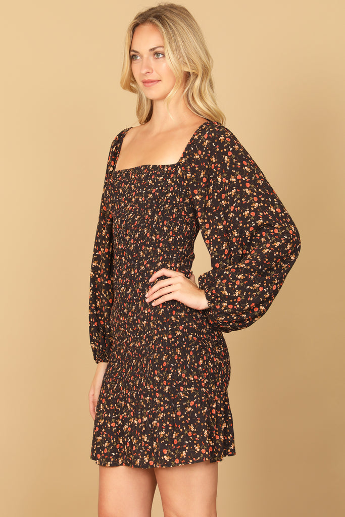 SQUARE NECK LONG PUFF SLEEVE SMOCKED FLORAL DRESS