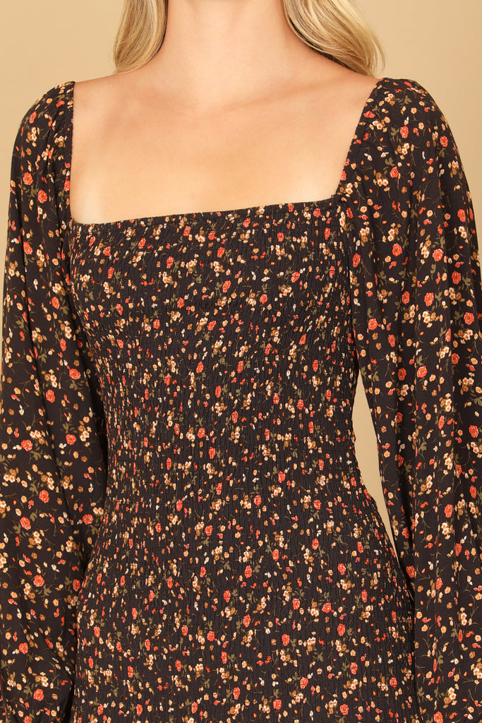 SQUARE NECK LONG PUFF SLEEVE SMOCKED FLORAL DRESS