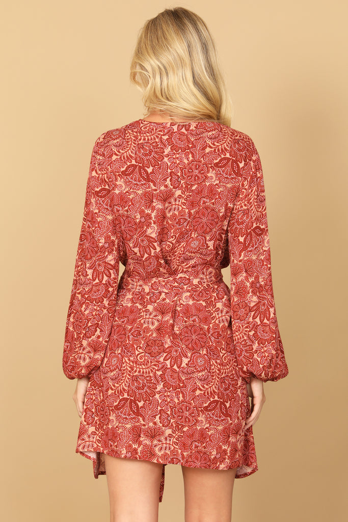 V-NECK LONG PUFF SLEEVE WAIST TIE FLORAL DRESS