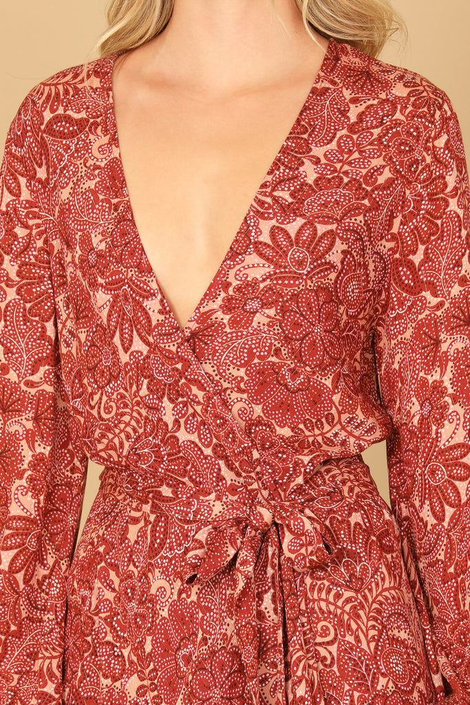 V-NECK LONG PUFF SLEEVE WAIST TIE FLORAL DRESS