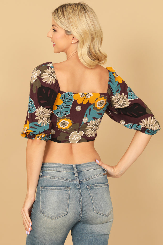 PUFF SLEEVE KNOT DETAIL PRINTED BRALLETE TOP