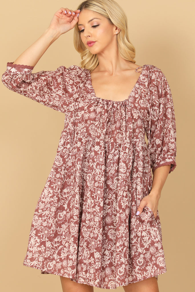 PUFF SLEEVE BABYDOLL PRINTED MINI DRESS