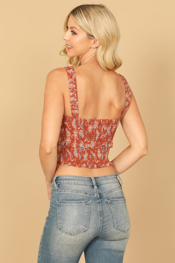 SHIRRED RUFFLE PRINTED CROP TOP