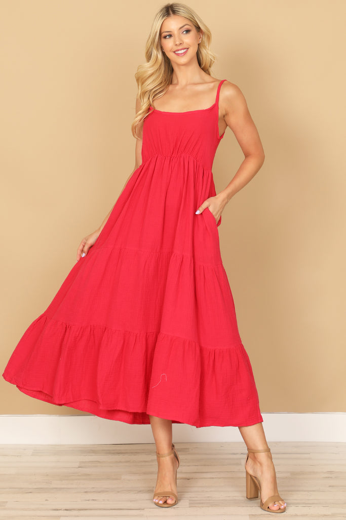 SPAGHETTI STRAP TIERED SOLID DRESS
