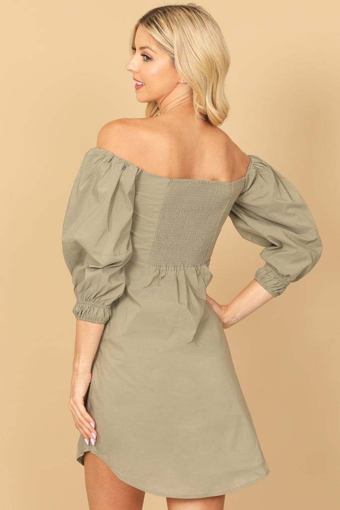 OFF SHOULDER RUCHED FRONT CURVE HEM SOLID MINI DRESS
