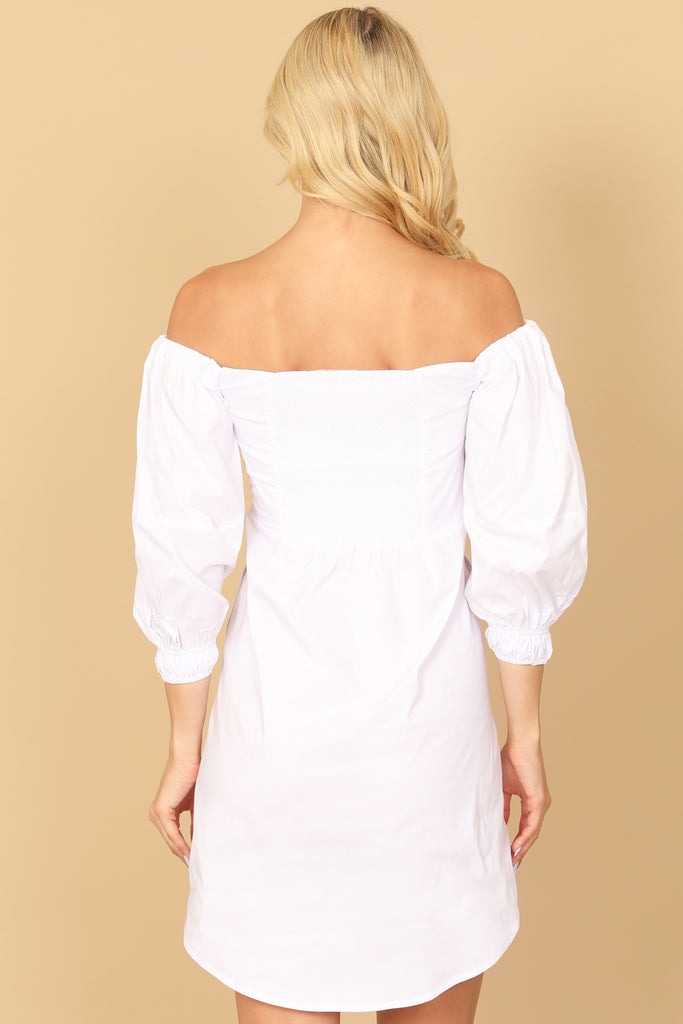 OFF SHOULDER RUCHED FRONT CURVE HEM SOLID MINI DRESS