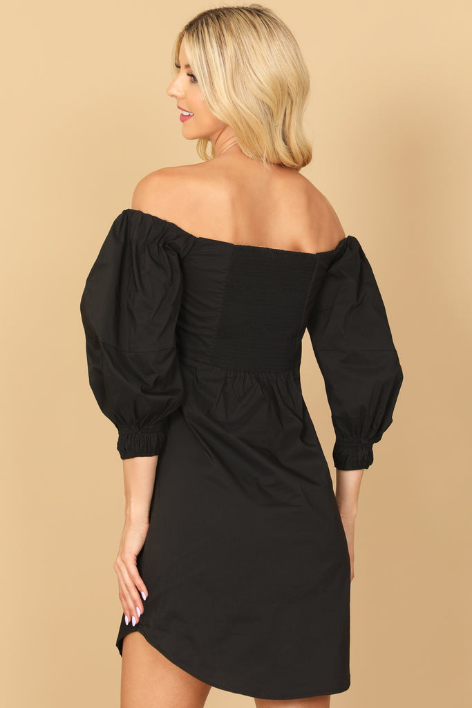 OFF SHOULDER RUCHED FRONT CURVE HEM SOLID MINI DRESS