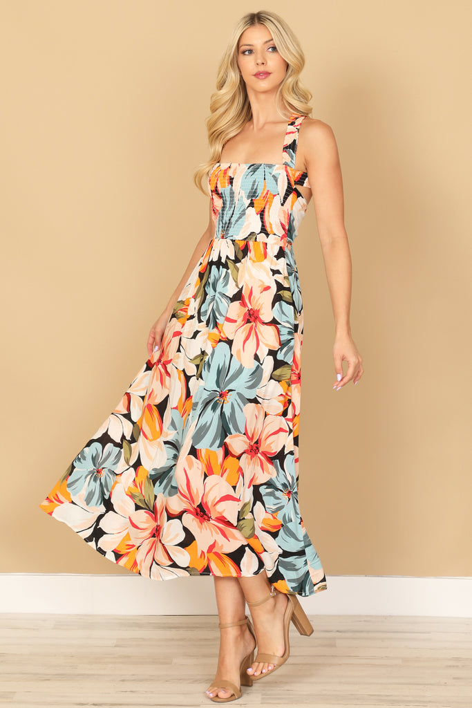 HALTER NECK SHIRRED FRONT FLORAL MIDI DRESS