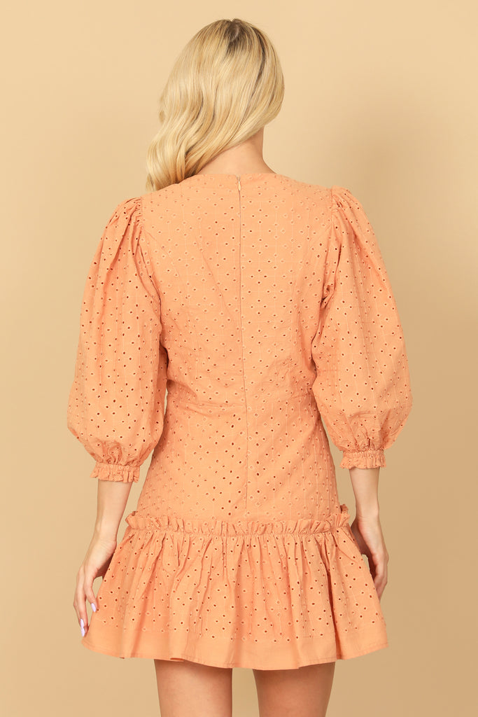 PUFF SLEEVE WRAP EYELET RUFFLE HEM MINI DRESS