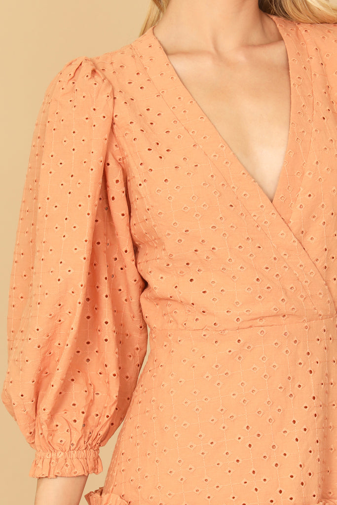 PUFF SLEEVE WRAP EYELET RUFFLE HEM MINI DRESS