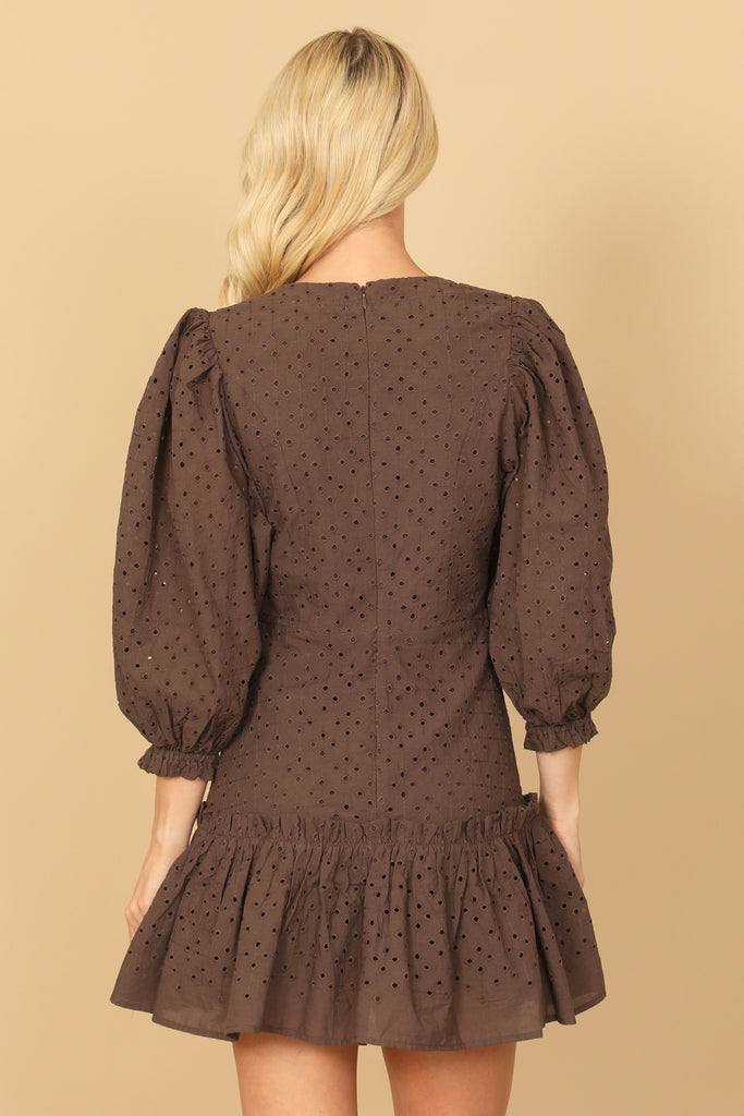 PUFF SLEEVE WRAP EYELET RUFFLE HEM MINI DRESS