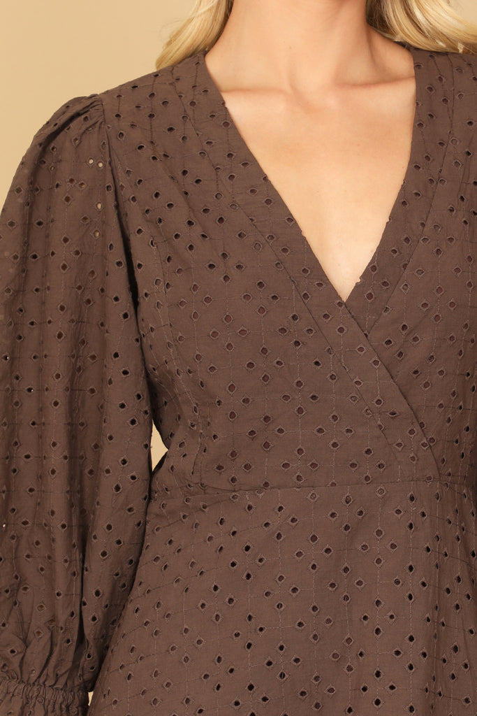 PUFF SLEEVE WRAP EYELET RUFFLE HEM MINI DRESS