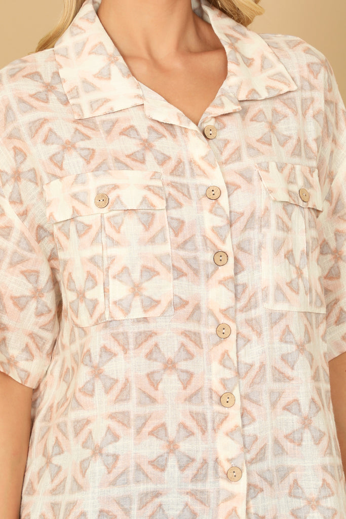 HALF SLEEVE BUTTON DOWN PRINTED TOP