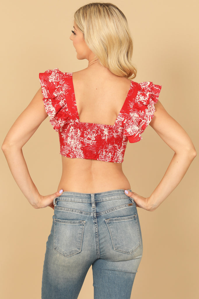 RUFFLE SLEEVE BUTTON DETAIL PRINTED CROP TOP