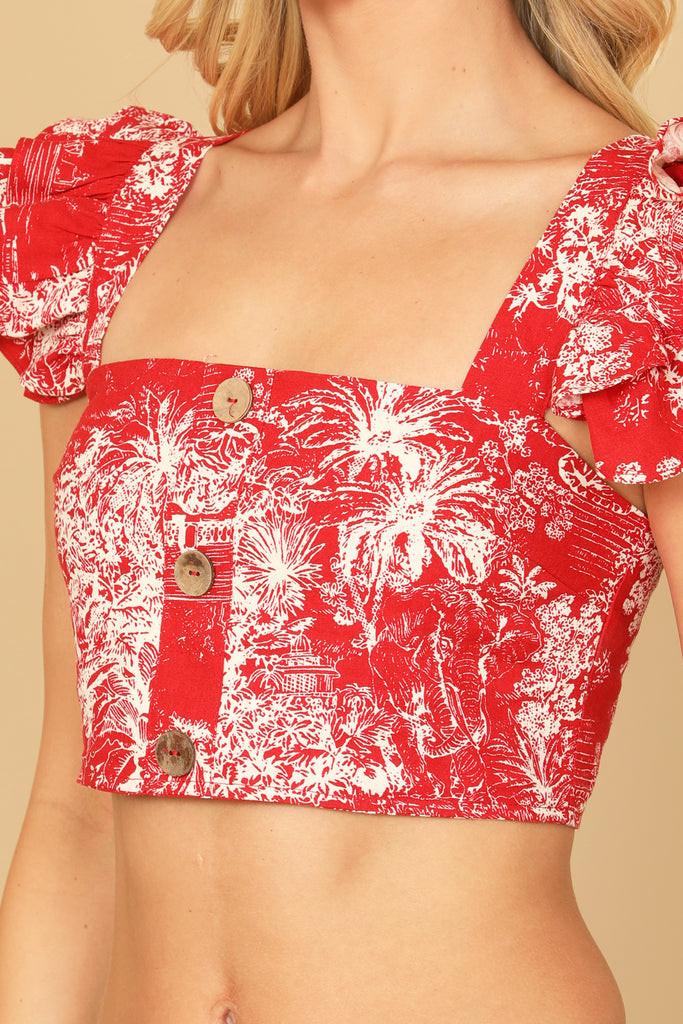 RUFFLE SLEEVE BUTTON DETAIL PRINTED CROP TOP