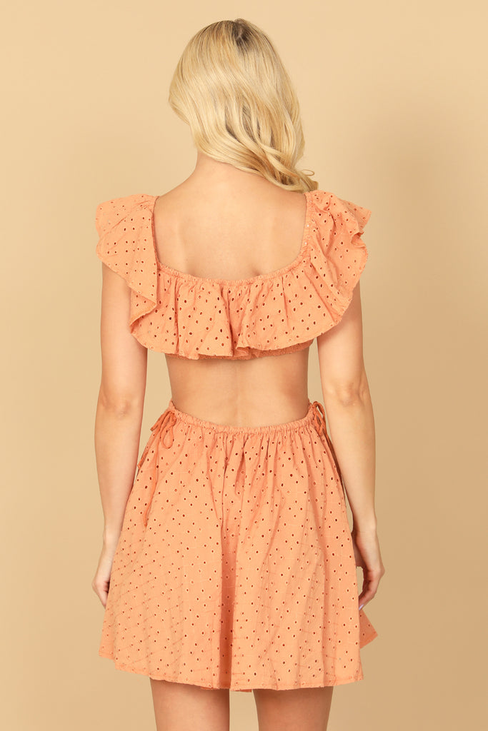 DEEP NECK RUFFLE DETAIL SIDE CUT-OUT EYELET MINI DRESS