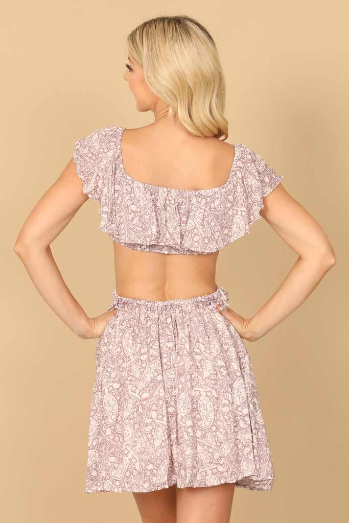 DEEP NECK RUFFLE DETAIL SIDE CUT-OUT PAISLEY MINI DRESS