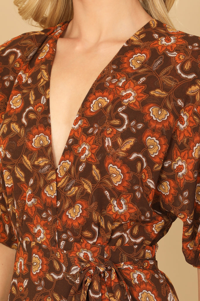 WRAP NECK HALF SLEEVE WAIST TIE PRINTED MAXI DRESS