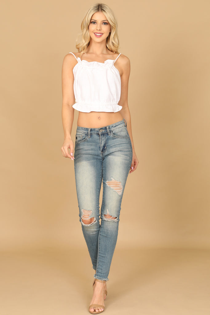ROUND NECK RUFFLE DETAIL SEXY BACK CROP TOP