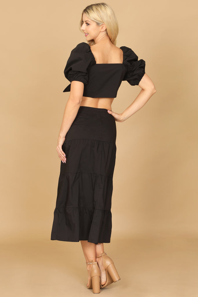 PUFF SLEEVE KNOT FRONT SOLID CROP TOP & SKIRT SET