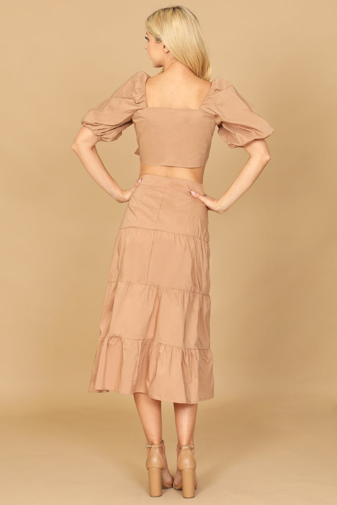 PUFF SLEEVE KNOT FRONT SOLID CROP TOP & SKIRT SET