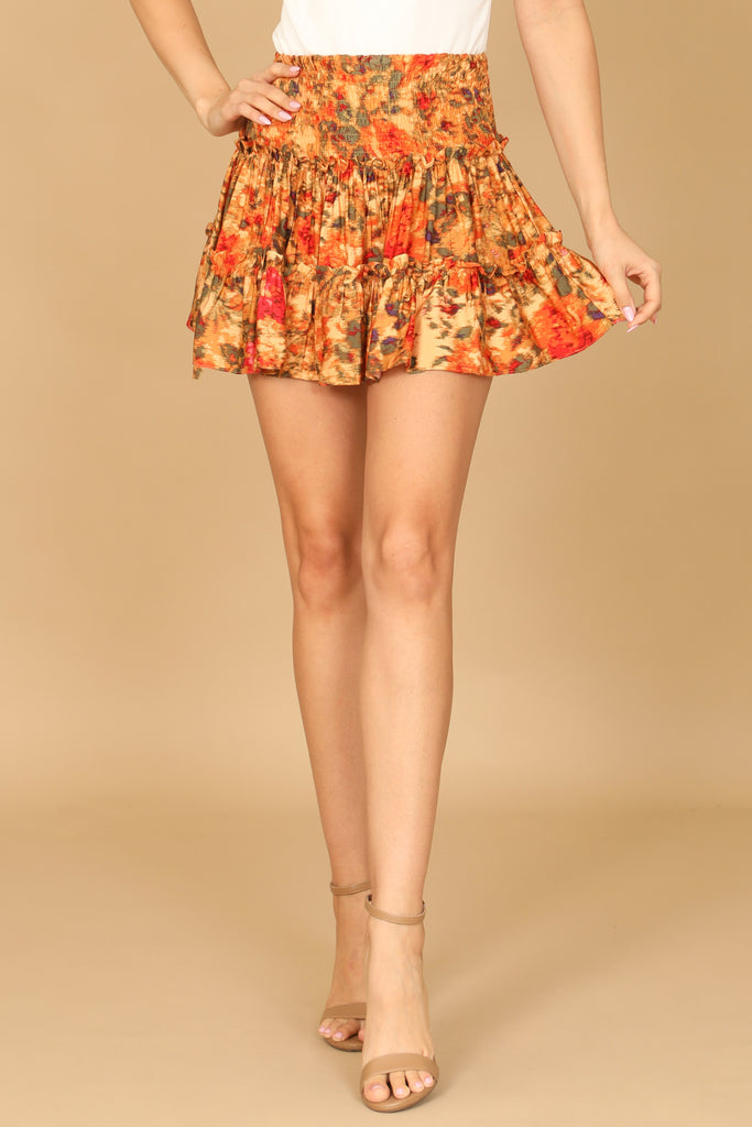 SMOCKED WAIST RUFFLE TIERED FLORAL SKIRT