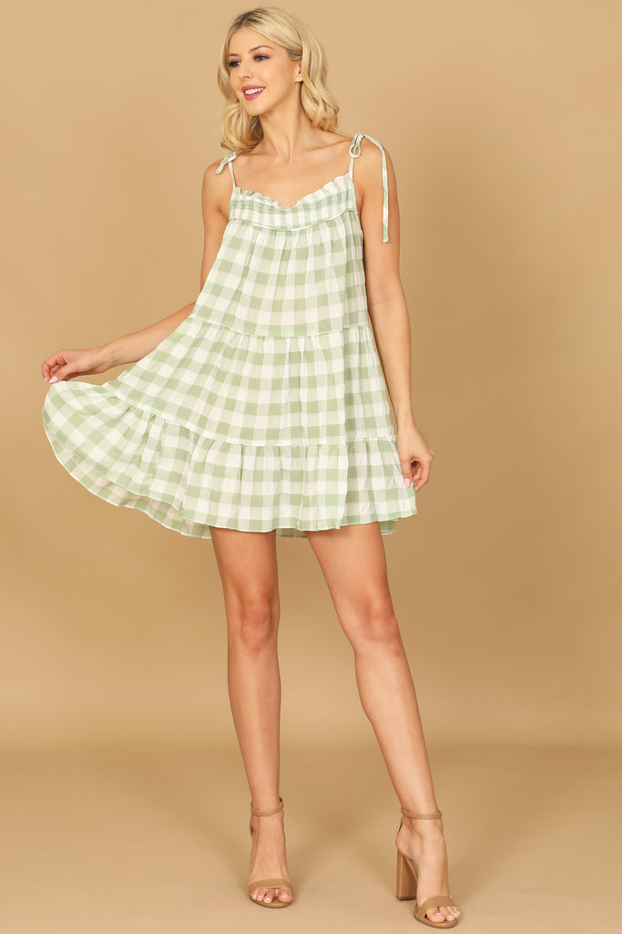 PLAID TIE STRAP TIERED MINI DRESS - Riah Fashion