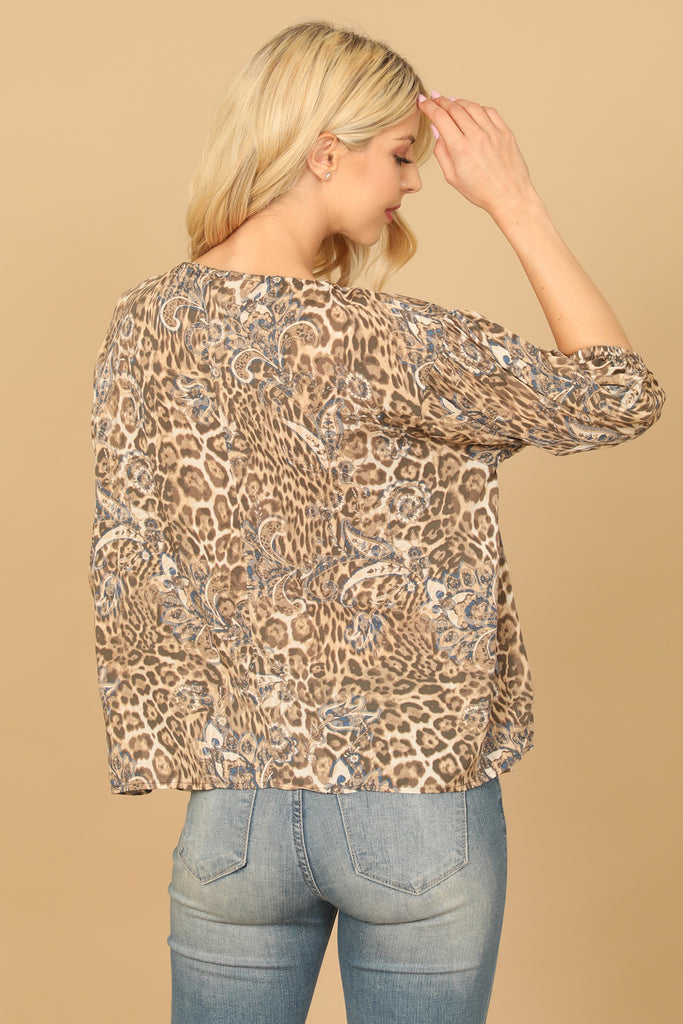 PUFF SLEEVE PLEATED LEOPARD-PAISLEY TOP