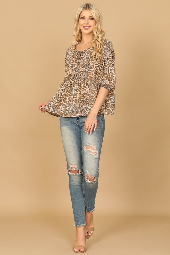 PUFF SLEEVE PLEATED LEOPARD-PAISLEY TOP